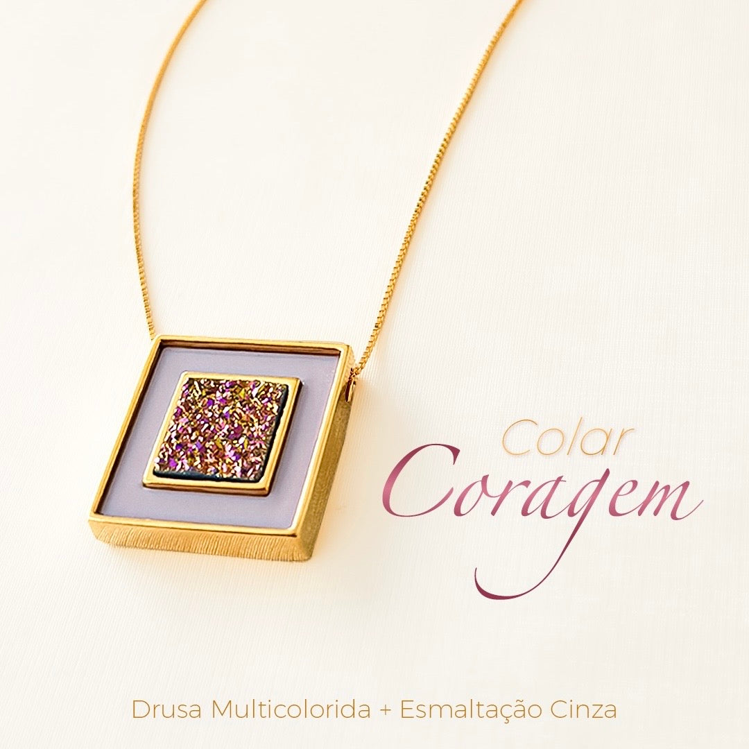 Colar Coragem - Drusa Multicolorida e esmaltação cinza