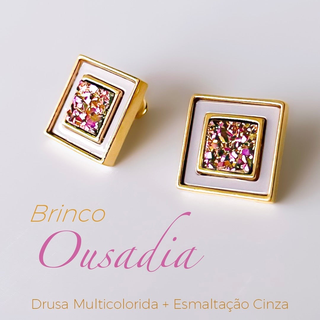 Brinco Ousadia - Drusa Multicolorida esmaltação cinza