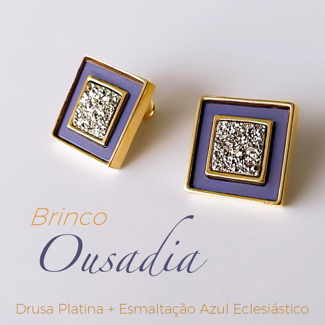 Brinco Ousadia - Drusa Platina esmaltação azul eclesiastico