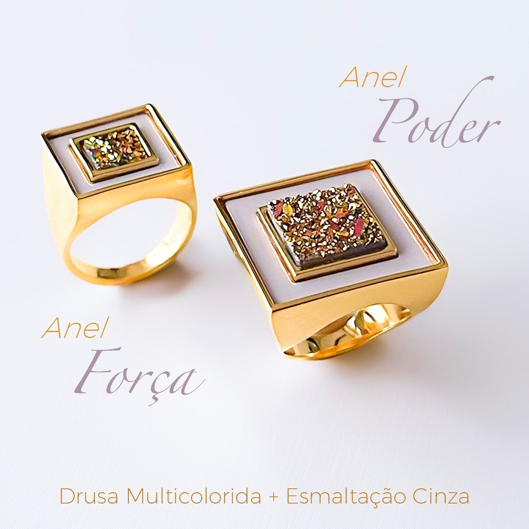 Anel Poder - Drusa Multicolorida esmaltação cinza